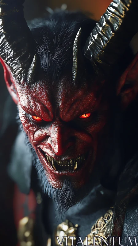 Demonic horned creature close-up with glowing eyes and fangs.