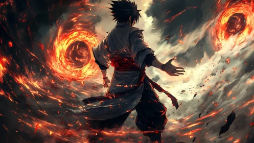 Storm-walking warrior bends twin fire vortex worlds.