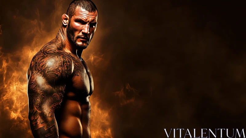 Muscular tattooed man stands in fiery, high-contrast lighting