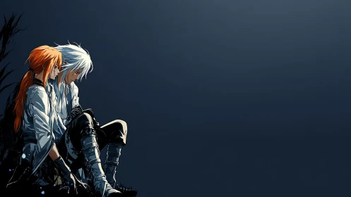 Quiet anime couple resting together in a dark void.