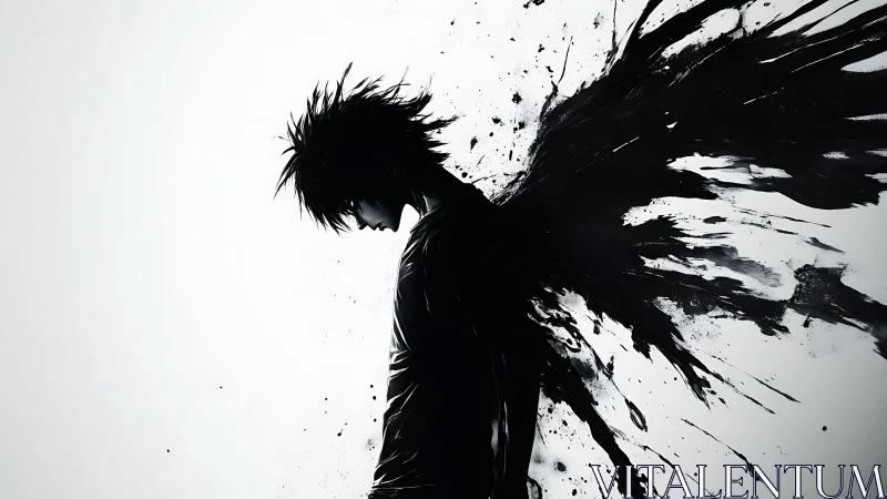 Silhouetted figure with abstract black winglike splatter form.