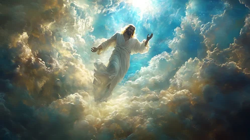 Radiant figure rising through golden, cloud-swept heavens.