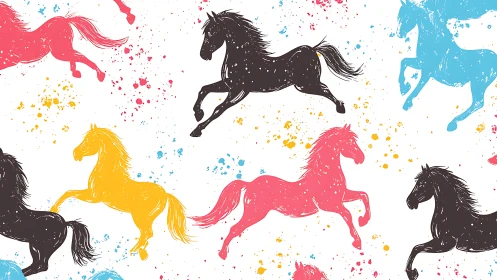 Galloping multicolor horses over splattered white backdrop.