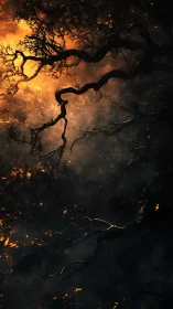 Serpentine river silhouetted against golden wildfire aftermath