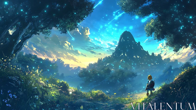 Heroic figure observing glowing mountain valley scene.