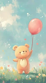 Sky-bright teddy bear drifting joyward with rosy balloon.