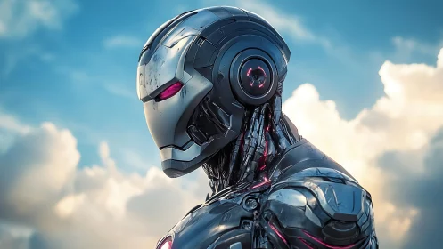 Profile portrait of chrome combat android under cinematic sky
