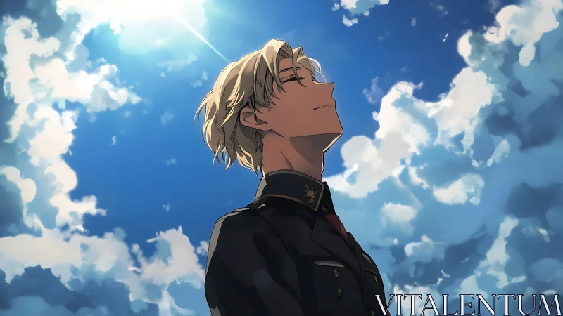 Blond anime boy in uniform under bright blue sky.