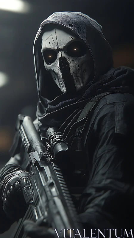 Hooded skeletal-masked soldier holds rifle in controlled pose