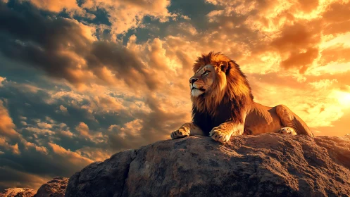 Majestic lion rests on sunlit rocky ledge at sunset.