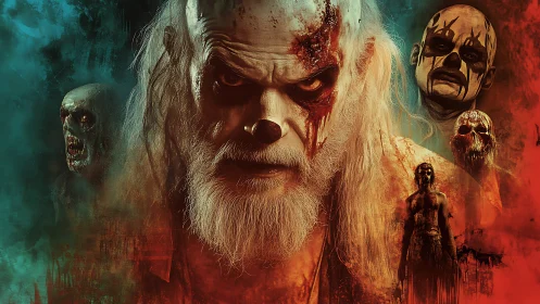 Sinister bloodstained clown patriarch amid spectral undead horde