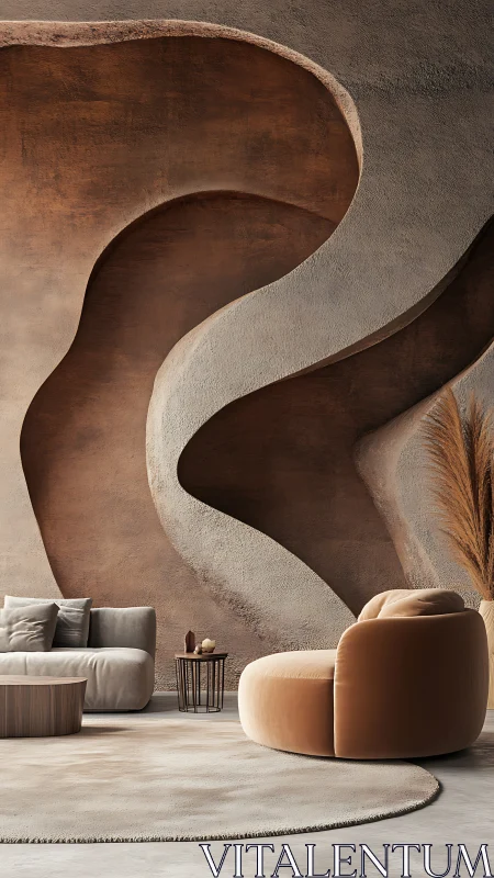 Curved textured wall with neutral modern lounge seating.