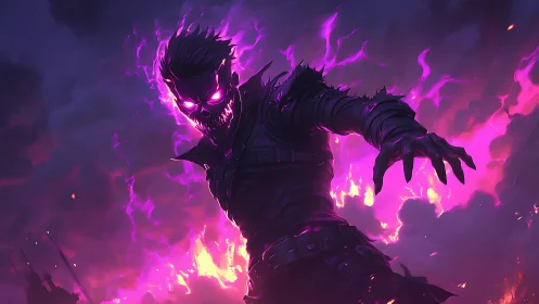 Flaming shadow warrior reaches through neon purple fire.