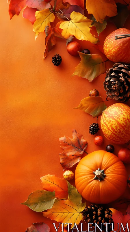 Autumn pumpkins and leaves frame on vivid orange background.