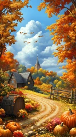 Pumpkin lane curling toward a church towered autumn sky.