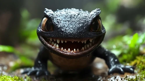 Playful raindrop lizard sharing a mischievous forest grin.