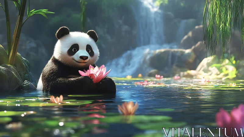 Cute panda cradles lotus blossom in sunlit waterfall pool
