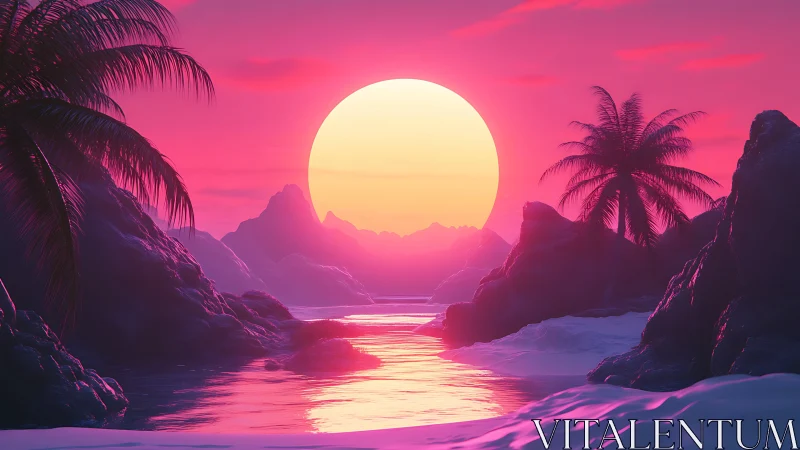 Neon-tinted tropical sunset over surreal palm cove horizon.