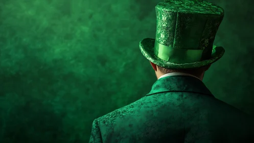 Rear view of male figure in ornate green top hat and coat.