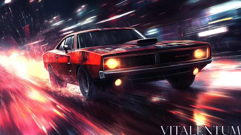 Vintage muscle car racing through glowing city streets.
