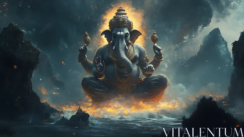 Volumetric-lit Ganesh deity rendered in cinematic digital painting
