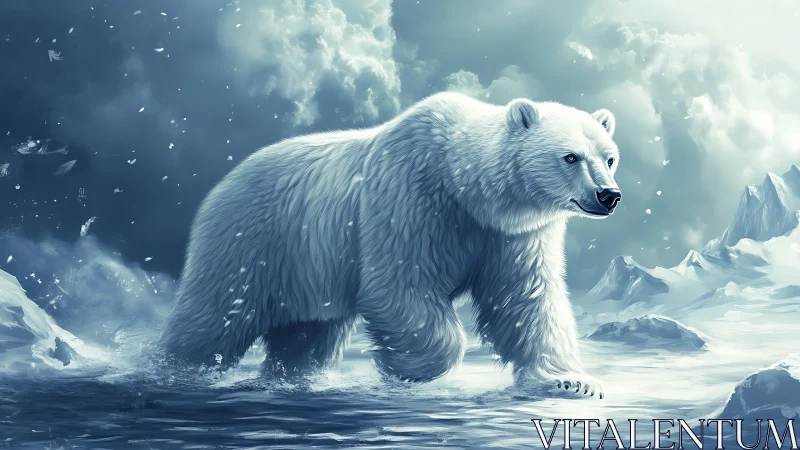 Hyperreal polar bear traversing dynamic arctic icefield