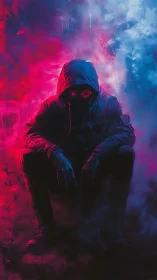 Mysterious hooded watcher rests in neon mist and shadow