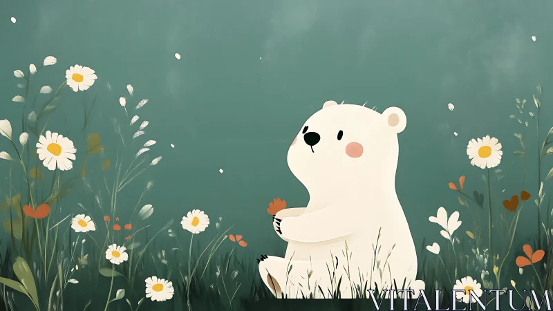 White cartoon bear sitting in meadow with flowers. Period.