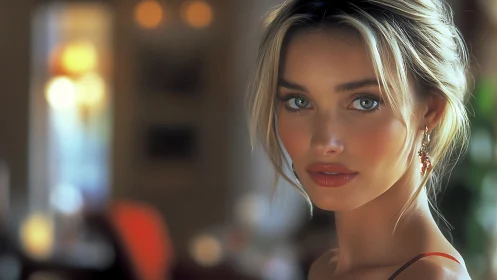 Softly lit portrait captures poised woman in warm interior