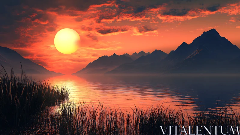 Digital lake sunset scene shows mountains, sun and reeds