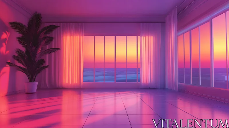 Minimalist oceanfront room with neon sunset glow lighting.