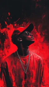 Chromatic portrait of upward gaze in saturated red field.