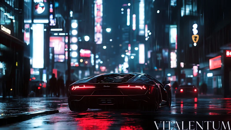 Sleek sports car gliding through a neon soaked city night.