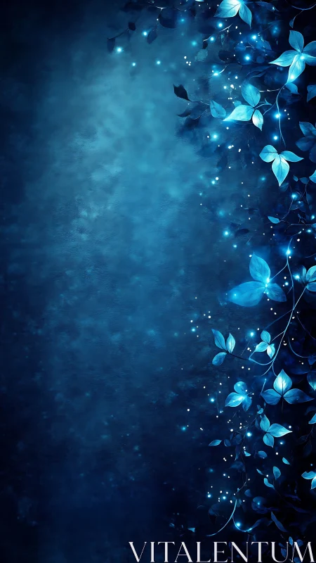 Glowing blue foliage on dark abstract night background.