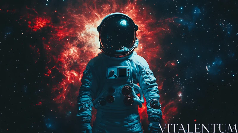 Starlit astronaut stands calmly before a blazing red nebula