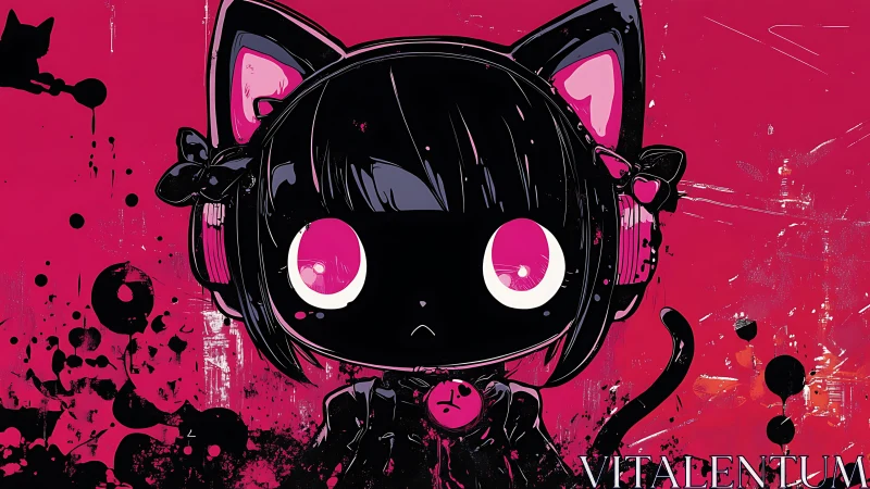 Neon-eyed chibi cat girl set in bold pink splatter art.