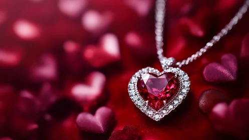 Heart-cut ruby pendant with diamond halo on velvet hearts