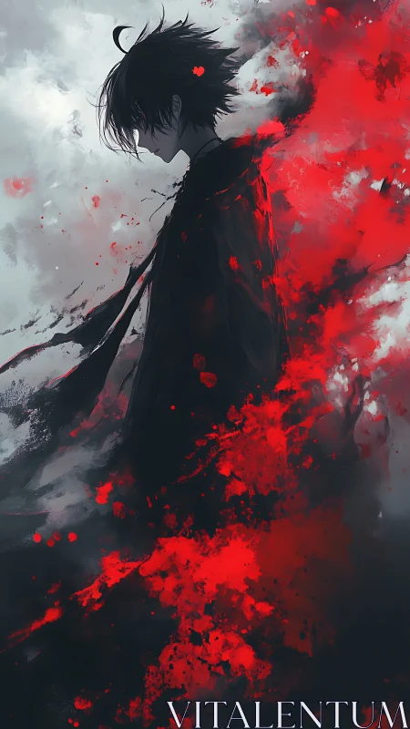 Solitary dark figure in crimson abstract energy surge.