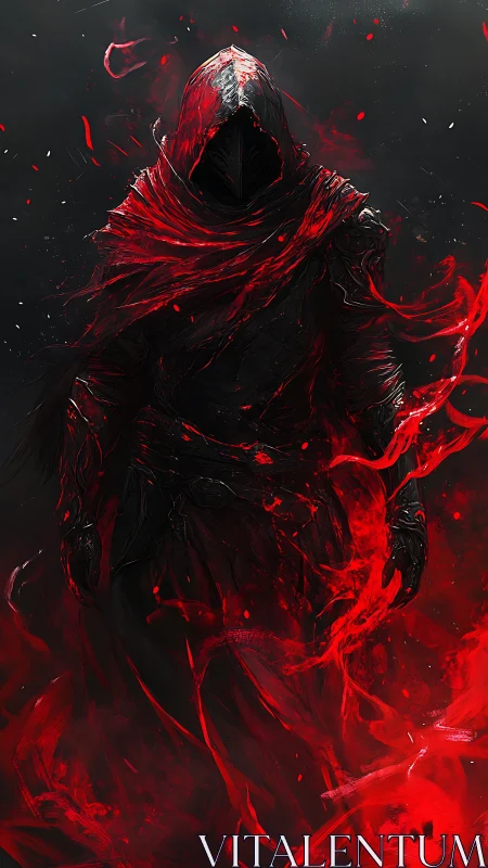 Hooded wraith cloaked in crimson energy against void backdrop.
