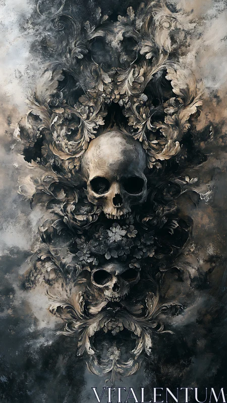 Baroque smoke curls into a vertical tower of skulls