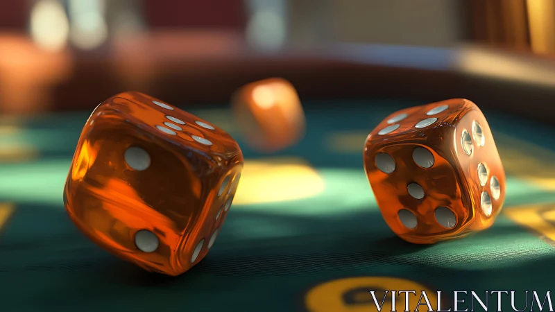 Amber luck in midair: translucent dice dancing over felt.