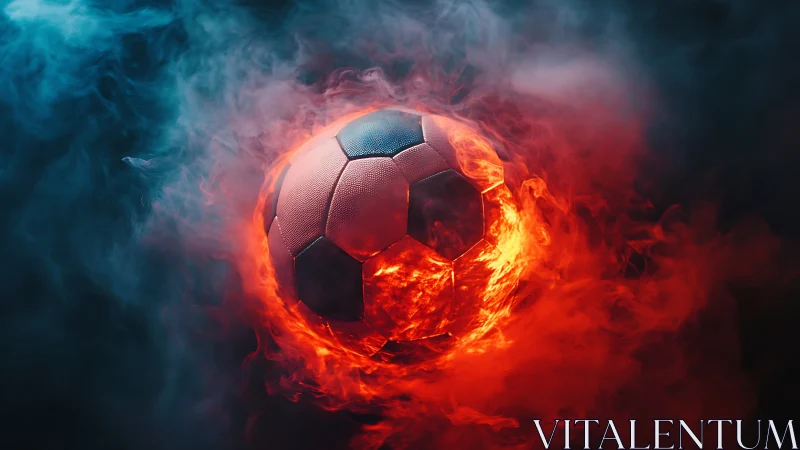 Burning soccer ball in swirling red and blue smoke motion.