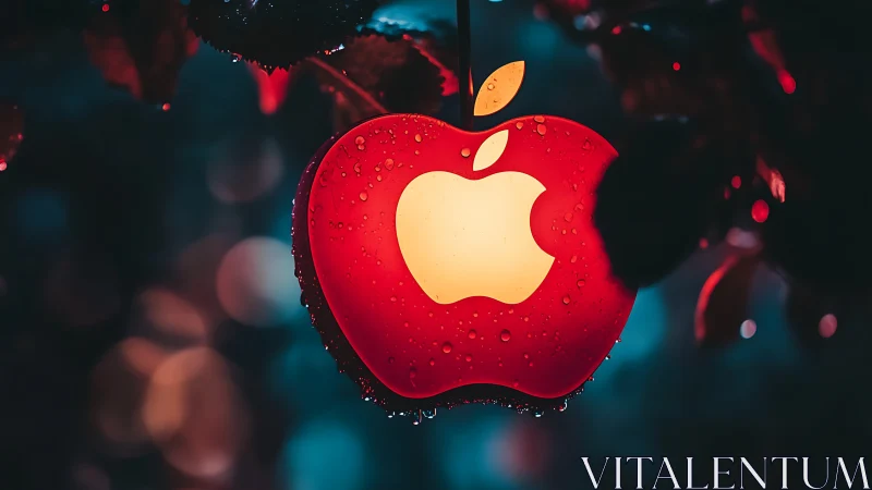 Glowing tech-apple lantern dripping with midnight rain.