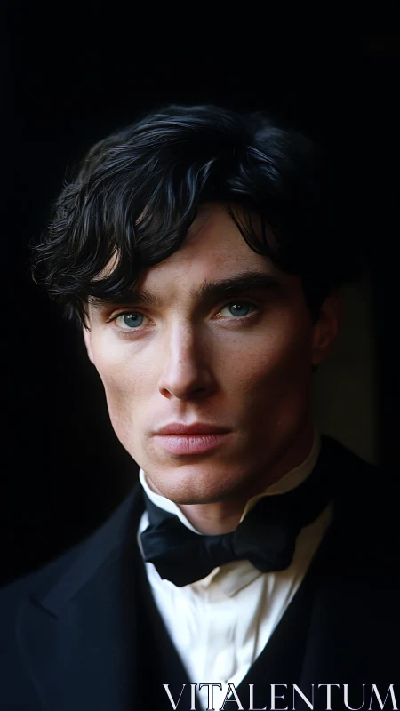 Intense gentleman portrait in classic black tuxedo study.