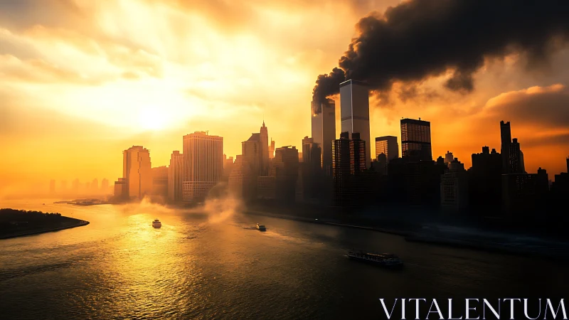 Sunlit city skyline contrasts with dark tower smoke plume.