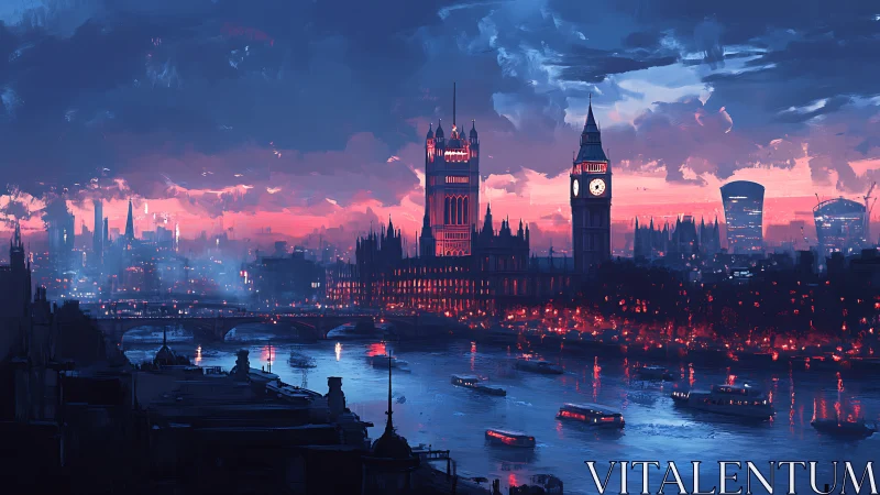 Neo-noir London skyline over Thames at electric dusk.