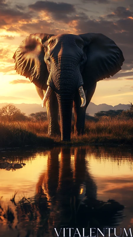Bull elephant advances toward water under dramatic sunset light