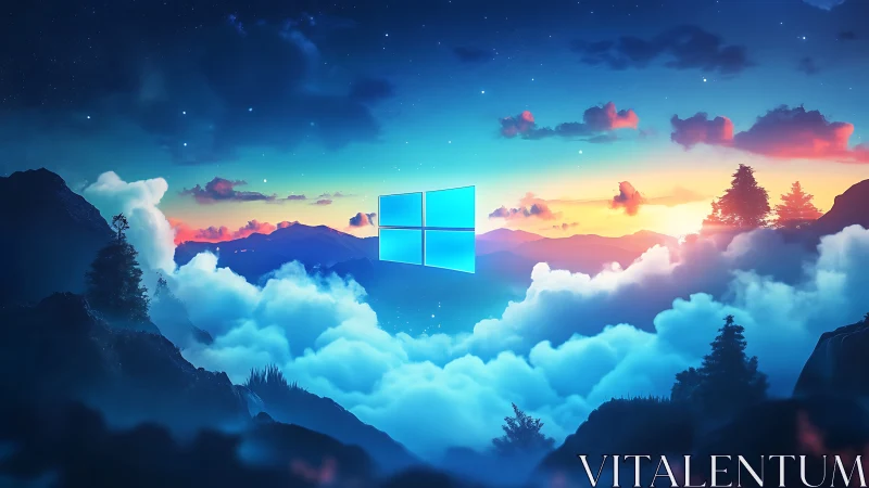 Windows logo hovering above luminous cloudscape horizon.