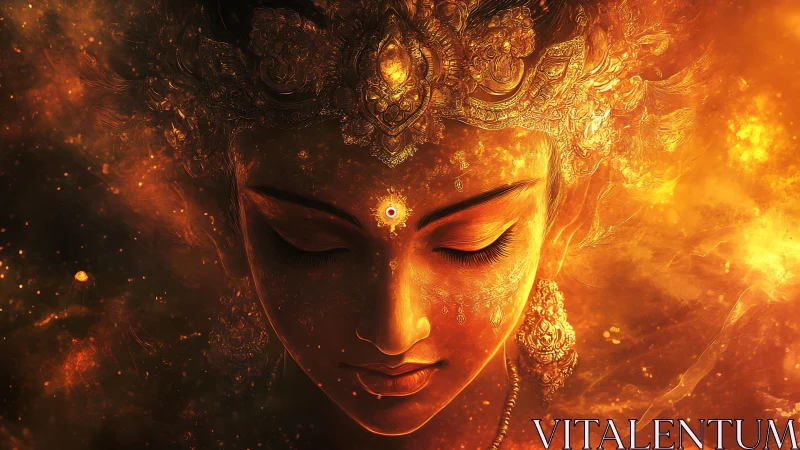 Divine female visage amid radiant fiery light field.