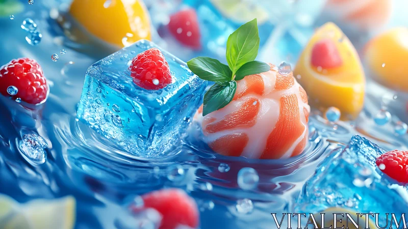Hyperreal fruit, ice and salmon sphere in dynamic aquatic motion